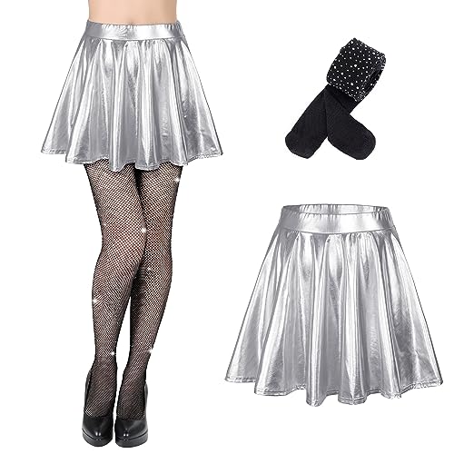 Durio Damen Rock Kurze Metallischer Faltenrock Mini Skater Rock Glitzer Rave Party Hohe Taille Elastischer Plisseerock Rock+Netzstrümpfe Silber Schwarz XL von Durio