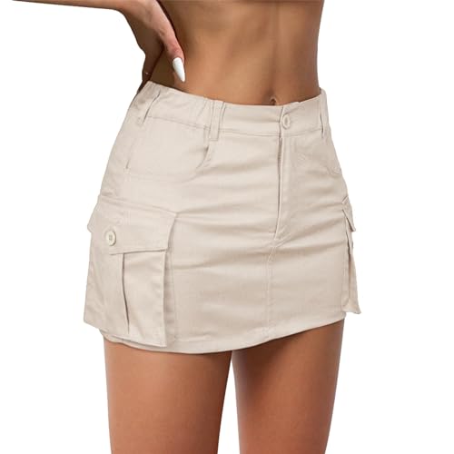 Durio Damen Minirock Cargo Rock Y2K Skirt Sommer Jeansrock Hüftrock Elastisch Niedrige Taille Mit Taschen Aprikosenfarbe M von Durio