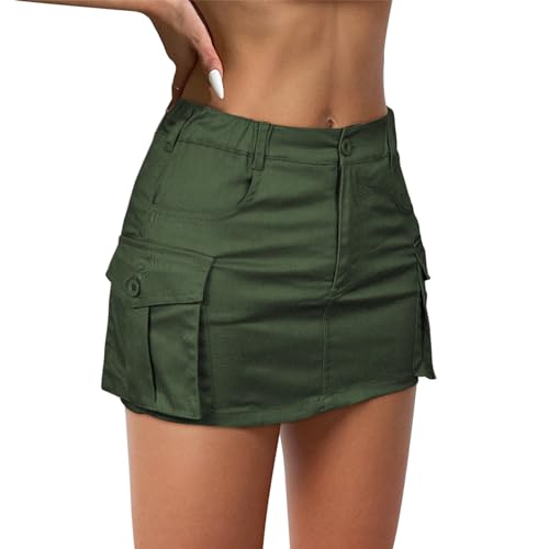 Durio Damen Minirock Cargo Rock Y2K Skirt Sommer Jeansrock Hüftrock Elastisch Niedrige Taille Mit Taschen Grün M von Durio