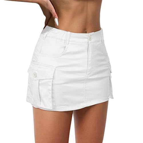 Durio Damen Minirock Cargo Rock Y2K Skirt Sommer Jeansrock Hüftrock Elastisch Niedrige Taille Mit Taschen Weiß M von Durio