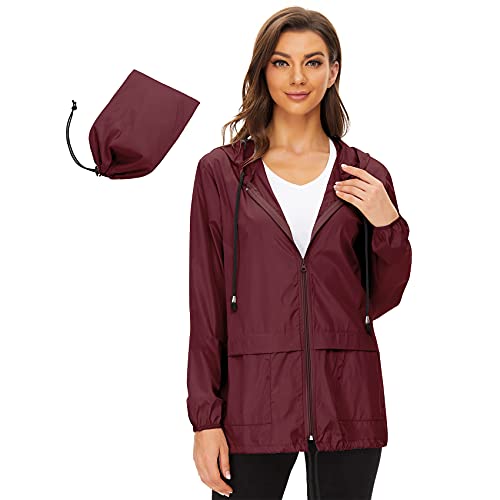 Durio Damen Regenjacke mit Kapuze Wasserdichte Winddichte Übergangs Jacke Windbreaker Windjacke Regenmantel Weinrot 3XL von Durio