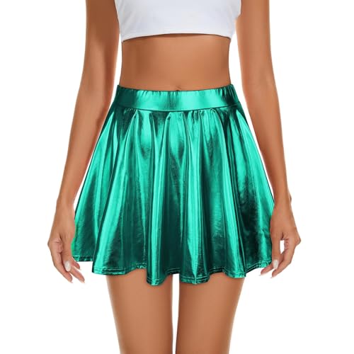 Durio Damen Rock Kurze Metallischer Faltenrock Mini Skater Rock Glitzer Rave Party Hohe Taille Elastischer Plisseerock Grün L von Durio