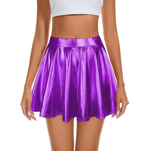 Durio Damen Rock Kurze Metallischer Faltenrock Mini Skater Rock Glitzer Rave Party Hohe Taille Elastischer Plisseerock Violett M von Durio