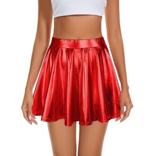 Durio Damen Rock Kurze Metallischer Faltenrock Mini Skater Rock Glitzer Rave Party Hohe Taille Elastischer Plisseerock Rot S von Durio