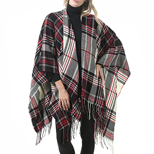 Durio Damen Schal Kariert Poncho Cape Kaschmir Damenponcho Wickelschal Herbst Winter Warme Wrap Übergroße Schultertuch Karoschal P26 von Durio