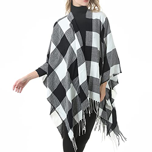 Durio Damen Schal Kariert Poncho Cape Kaschmir Damenponcho Wickelschal Herbst Winter Warme Wrap Übergroße Schultertuch Karoschal P397-Grau Weiß von Durio