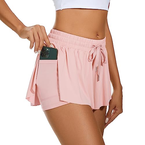 Durio Damen Shorts Kurze Hose Sommer Running Sport 2 in 1 Laufshorts Freizeit Sportshorts mit Futter und Taschen Hell-Pink 40-42 (Tag Size L) von Durio