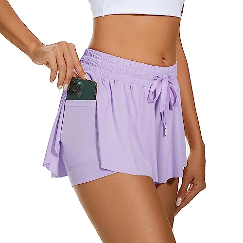 Durio Damen Shorts Kurze Hose Sommer Running Sport 2 in 1 Laufshorts Freizeit Sportshorts mit Futter und Taschen Lavendel 36-38 (Tag Size S) von Durio