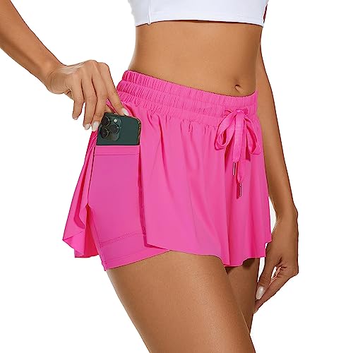 Durio Damen Shorts Kurze Hose Sommer Running Sport 2 in 1 Laufshorts Freizeit Sportshorts mit Futter und Taschen Rosarot 36-38 (Tag Size S) von Durio