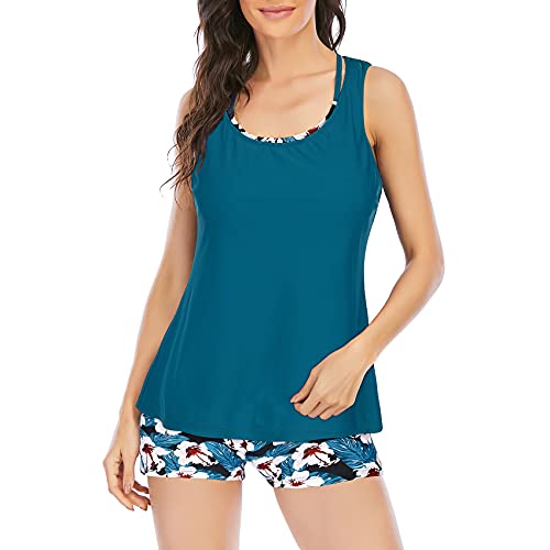 Durio Damen Tankini Set Sport Yoga Fitness Bademode 3-Teilig Tankini mit Shorts Strand Bikini Set mit Top Badeanzug Blau-Grün 40-42 von Durio