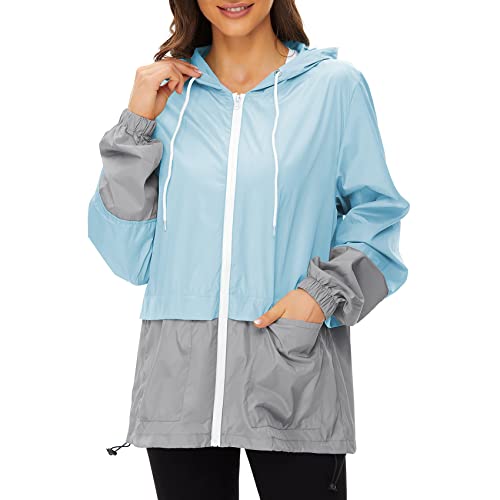 Durio Damen Wasserdichte Faltbar Regenjacke mit Kapuze Mehrfarbige leichte, atmungsaktive Windbreaker Jacke Geeignet für Wandern, Radfahren, Laufen, Camping Blau 2XL von Durio