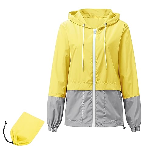 Durio Damen Wasserdichte Faltbar Regenjacke mit Kapuze Mehrfarbige leichte, atmungsaktive Windbreaker Jacke Geeignet für Wandern, Radfahren, Laufen, Camping Gelb 2XL von Durio