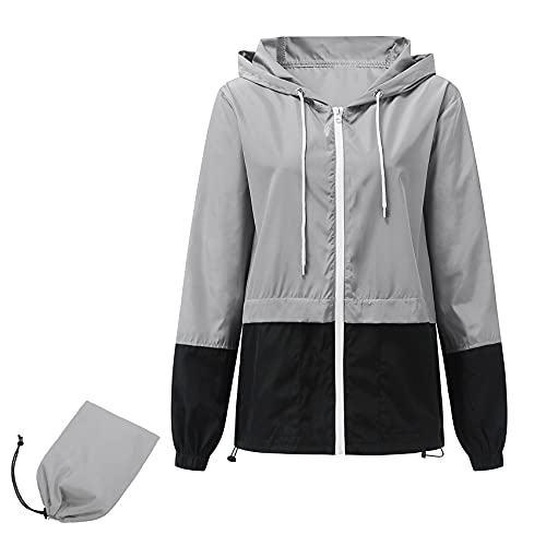 Durio Damen Wasserdichte Faltbar Regenjacke mit Kapuze Mehrfarbige leichte, atmungsaktive Windbreaker Jacke Geeignet für Wandern, Radfahren, Laufen, Camping Grau L von Durio