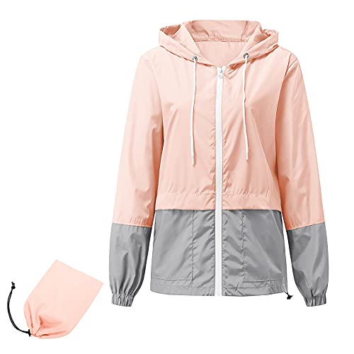 Durio Damen Wasserdichte Faltbar Regenjacke mit Kapuze Mehrfarbige leichte, atmungsaktive Windbreaker Jacke Geeignet für Wandern, Radfahren, Laufen, Camping Rosa L von Durio