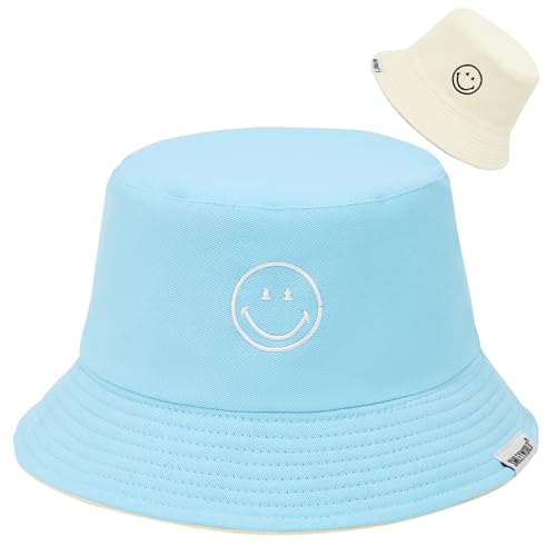 Durio Fischerhut Damen Sonnenhut Baumwolle Bucket Hat Herren Reversibel Faltbar Anglerhut Sommerhut Reisen SmileyWorld® Hellblau Beige von Durio
