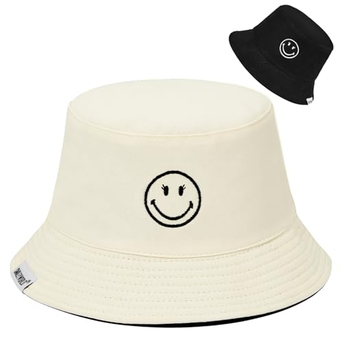 Durio Fischerhut Damen Sonnenhut Baumwolle Bucket Hat Herren Reversibel Faltbar Anglerhut Sommerhut Reisen SmileyWorld® Schwarz Beige von Durio