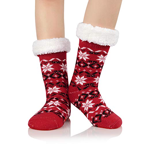 Durio Hausschuhe Socken für Frauen Winter Hausschuhe Socken Dicke Damen Hausschuhe Socken Weiche Hausschuhe Socken für Frauen Greifer Weihnachtssocken Frauen D Rote Schneeflocke Einheitsgröße, Rot/Ausflug, einfarbig (Getaway Solids) von Durio