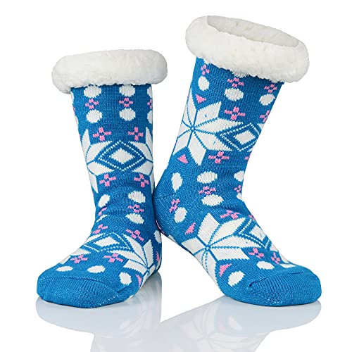 Durio Haussocken Damen Hüttensocken Innenfutter Kuschelsocken warm Winter Haussocken Anti-Rutsch Blau mit Schneeflocken von Durio