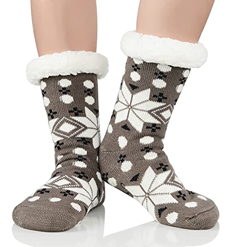 Durio Haussocken Damen kuschelsocken Hüttensocken Innenfutter Kuschelsocken warm Winter Haussocken Anti-Rutsch Grau mit Schneeflocken von Durio