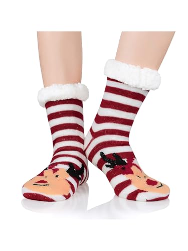 Durio Haussocken Damen Hüttensocken Innenfutter Kuschelsocken warm Winter Haussocken Anti-Rutsch Hirsch mit Streifen von Durio