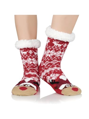 Durio Haussocken Damen Hüttensocken Innenfutter Kuschelsocken warm Winter Haussocken Anti-Rutsch Hirsh mit Hut von Durio