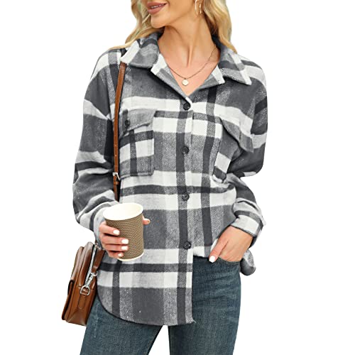 Durio Hemdjacke Damen Kariert Shacket mit Karo Langarm Karohemd für Frauen Oversize Bluse Übergangsjacke Schwarz u. Weiß L von Durio