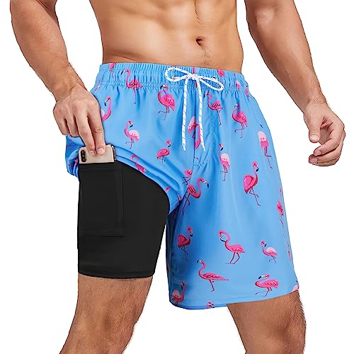 Durio Herren Badehose Schnelltrocknend Boardshorts Badeshorts Urlaub Freizeit Short Badehose für Herren Jungen Badeshorts für Männer Blau - Flamingo L von Durio