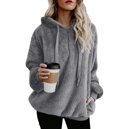 Durio Hoodie Damen Fleece Kapuzenpulli Teddy Fleece Pullover Decke Hoodie Oversize Sweaterpullover Winter Warm Grau M von Durio