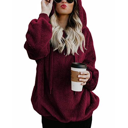 Durio Hoodie Damen Fleece Kapuzenpulli Teddy Fleece Pullover Decke Hoodie Oversize Sweaterpullover Winter Warm Weinrot 2XL von Durio