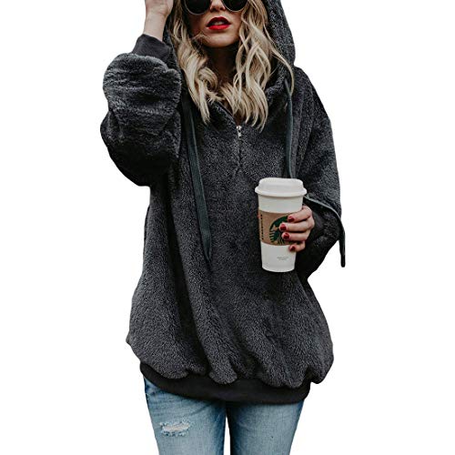 Durio Hoodie Damen Oversize Kapuzenpullover Decke Hoodie Teddy Fleece Pullover Übergroßer Sweaterpullover Winter Warm Dunkelgrau 2XL von Durio