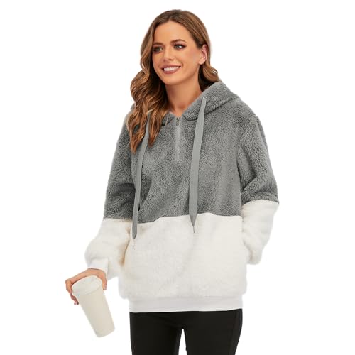 Durio Hoodie Damen Oversize Kapuzenpullover Decke Hoodie Teddy Fleece Pullover Übergroßer Sweaterpullover Winter Warm Grau u. Weiß M von Durio