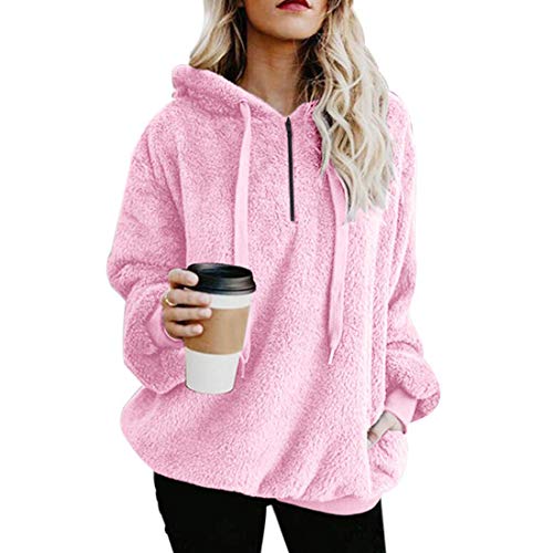Durio Hoodie Damen Oversize Kapuzenpullover Decke Hoodie Teddy Fleece Pullover Übergroßer Sweaterpullover Winter Warm Rosa 2XL von Durio