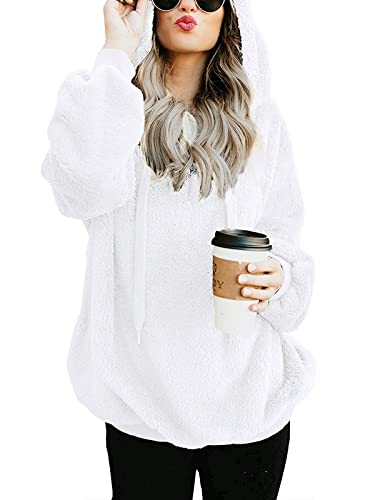 Durio Hoodie Damen Oversize Kapuzenpullover Decke Hoodie Teddy Fleece Pullover Übergroßer Sweaterpullover Winter Warm Weiß 2XL von Durio