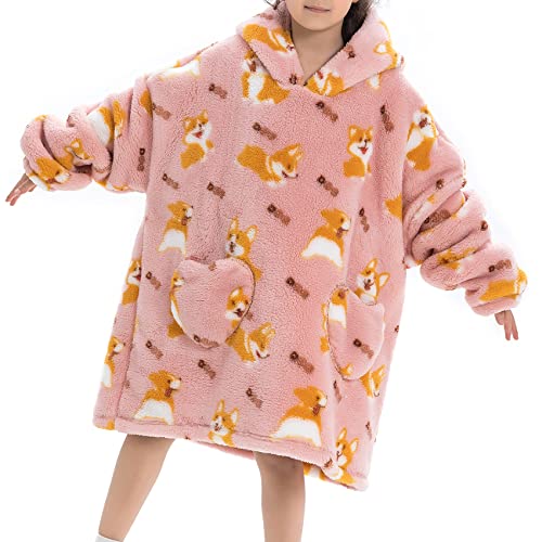 Durio Hoodie Decke Kinder Blanket Hoodie Mädchen Jungen Kapuzenpullover für Kinder Pullover mit Kapuze Hoodiesweater Warm Rosa mit Hunde M 4-12 Jahre von Durio