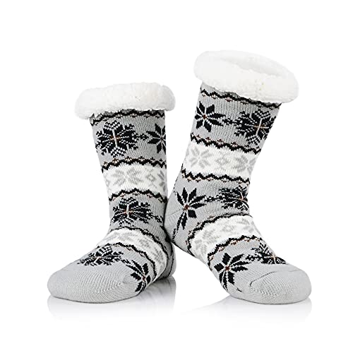 Durio Hüttensocken Damen Kuschelsocken Winter Antirutsch Flauschigsocken mit Innenfutter warm Grau mit Schneeflocken von Durio