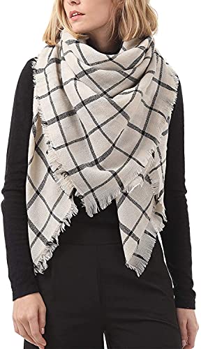 Durio Karoschal Damen Schal Winter Weich Deckenschal Quadratisch Übergroßer Strickschal Kariert Poncho mit Fransen Beige A24 von Durio