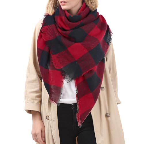 Durio Karoschal Damen Schal Winter Weich Deckenschal Quadratisch Übergroßer Strickschal Kariert Poncho mit Fransen Rot A108 von Durio
