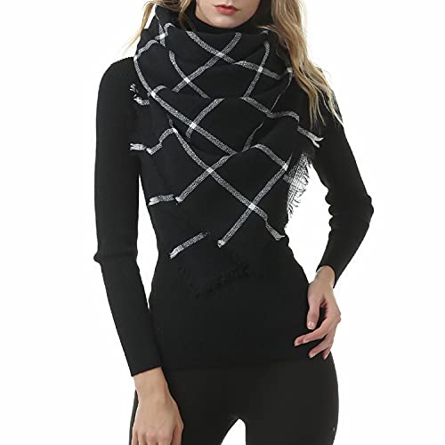 Durio Karoschal Damen Schal Winter Weich Deckenschal Quadratisch Übergroßer Strickschal Kariert Poncho mit Fransen Schwarz A40 von Durio
