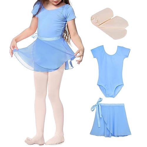 Durio Kinder Ballettkleidung Mädchen Ballettkleid Tanzkleid Mädchen Baumwolle Kurzarm Balletttrikot Mit Röcke und Leggings Hellblau 2-3 Jahre von Durio