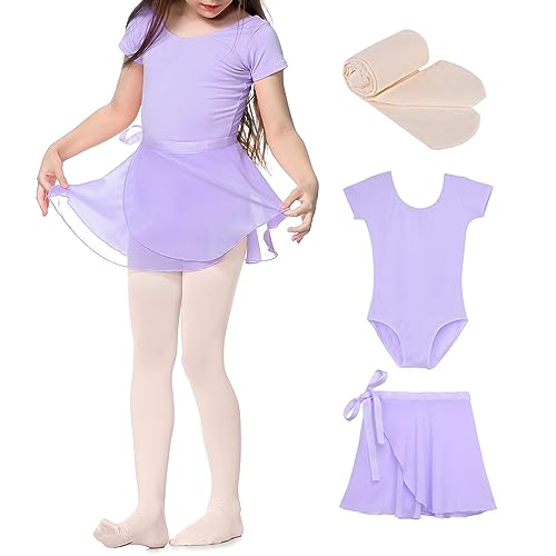 Durio Kinder Ballettkleidung Mädchen Ballettkleid Tanzkleid Mädchen Baumwolle Kurzarm Balletttrikot Mit Röcke und Leggings Helles Lila 2-3 Jahre von Durio