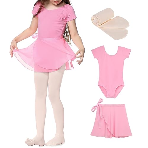 Durio Kinder Ballettkleidung Mädchen Ballettkleid Tanzkleid Mädchen Baumwolle Kurzarm Balletttrikot Mit Röcke und Leggings Rosa 2-3 Jahre von Durio