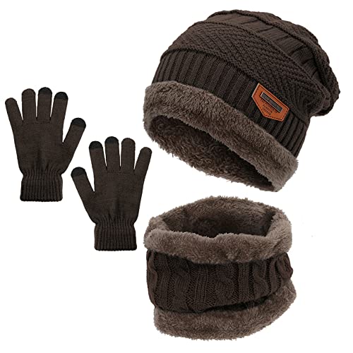 Durio Kinder Mütze Schlauchschal Handschuhe Mütze Set Wintermütze mit Fleece Gefütterte Strickset für Jungen und Mädchen Braun Einheitsgröße von Durio