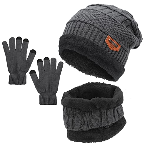 Durio Kinder Mütze Schlauchschal Handschuhe Mütze Set Wintermütze mit Fleece Gefütterte Strickset für Jungen und Mädchen Grau Einheitsgröße von Durio