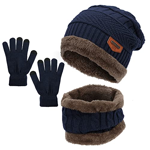 Durio Kinder Mütze Schlauchschal Handschuhe Mütze Set Wintermütze mit Fleece Gefütterte Strickset für Jungen und Mädchen Navy Blau Einheitsgröße von Durio