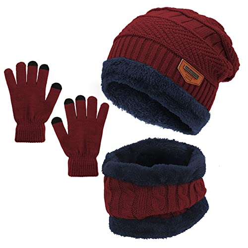 Durio Kinder Mütze Schlauchschal Handschuhe Mütze Set Wintermütze mit Fleece Gefütterte Strickset für Jungen und Mädchen Rotwein Einheitsgröße von Durio