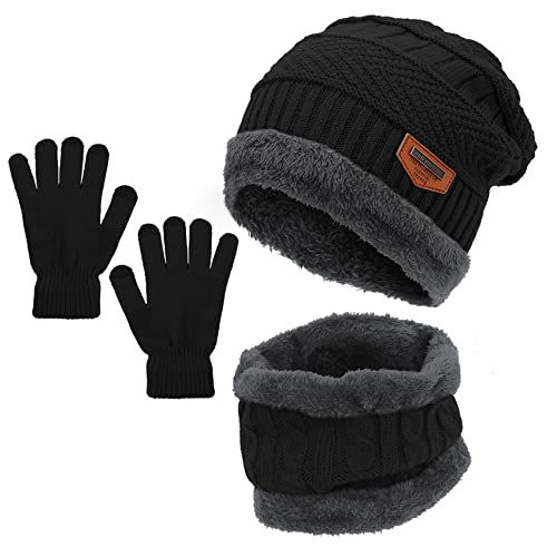 Durio Kinder Mütze Schlauchschal Handschuhe Mütze Set Wintermütze mit Fleece Gefütterte Strickset für Jungen und Mädchen Schwarz Einheitsgröße von Durio