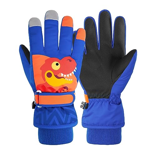 Durio Kinder Ski Handschuhe Winter Skihandschuhe Winddicht Wasserdicht Warm Handschuhe Junge Mädchen Outdoor Sports Schneehandschuhe Saphirblau Dinosaurier 12-14 Jahre von Durio