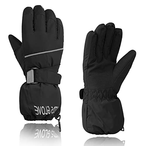 Durio Kinder Ski Handschuhe Winter Skihandschuhe Winddicht Wasserdicht Warm Handschuhe Junge Mädchen Outdoor Sports Schneehandschuhe Schwarz 12-14 Jahre von Durio