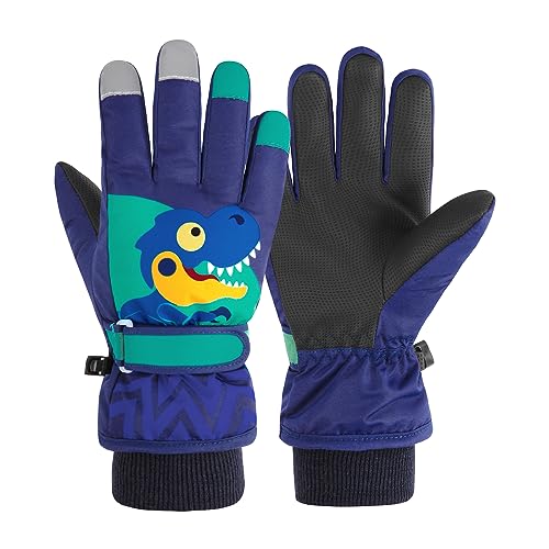 Durio Kinder Ski Handschuhe Winter Skihandschuhe Winddicht Wasserdicht Warm Handschuhe Junge Mädchen Outdoor Sports Schneehandschuhe Schwarzblau Dinosaurier 12-14 Jahre von Durio