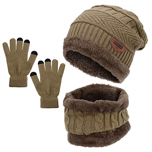 Durio Kindermütze Schlauchschal Handschuhe Mütze Set Wintermütze mit Fleece Gefütterte Strickset für Jungen und Mädchen Khaki Einheitsgröße von Durio